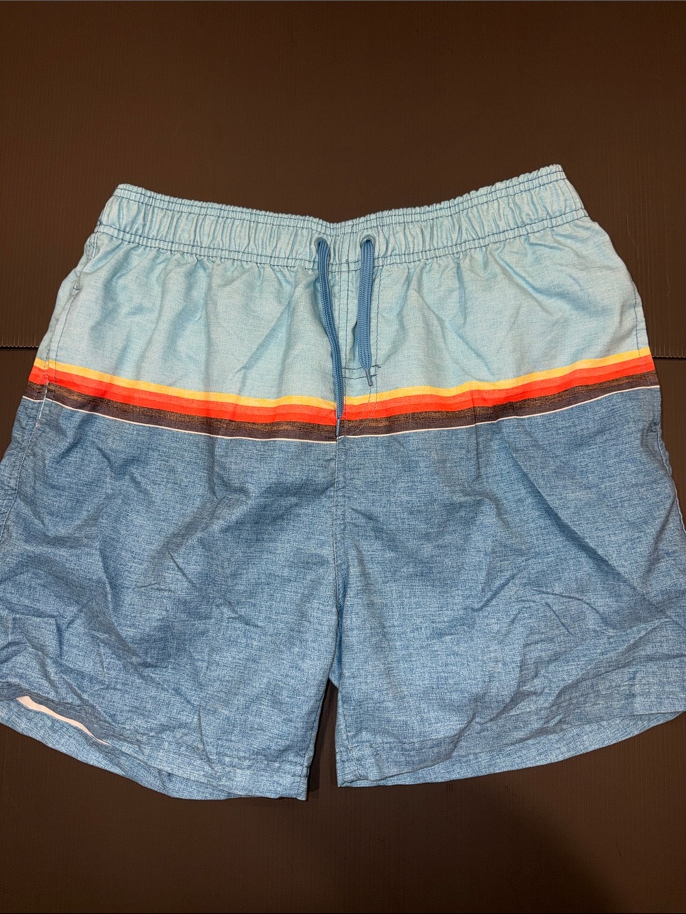 burnside Light Blue and Denim Blue Swim Trunks with Orange and Red Stripe